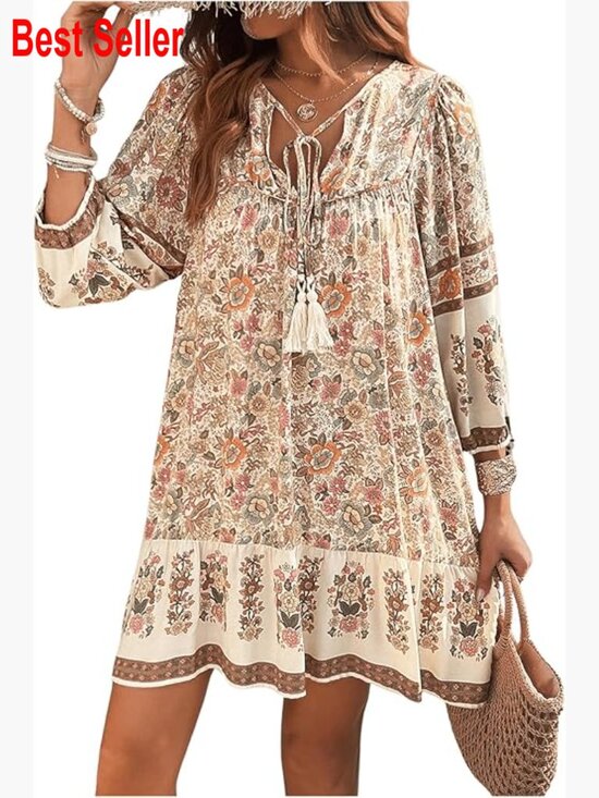 Dresses & Skirts - Puff Sleeve Boho Dress with Tie Neck and Floral Print